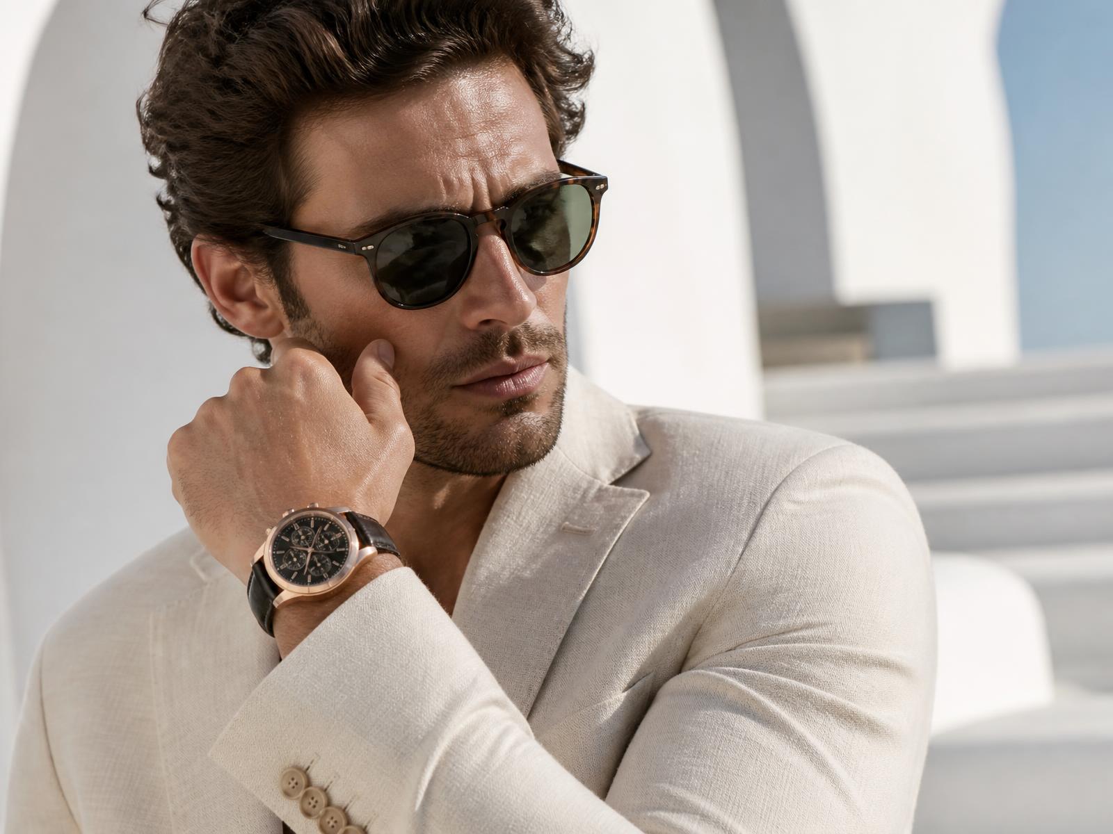 Hombre elegante con gafas de sol y reloj de lujo